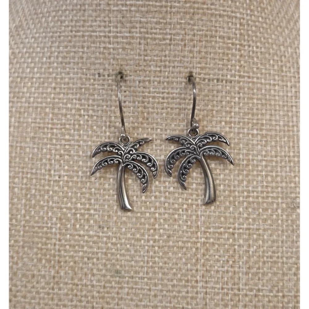 Vintage Bali Style Sterling‎ Silver Palm Tree Dangle Hook Earrings Beach Jewelry
